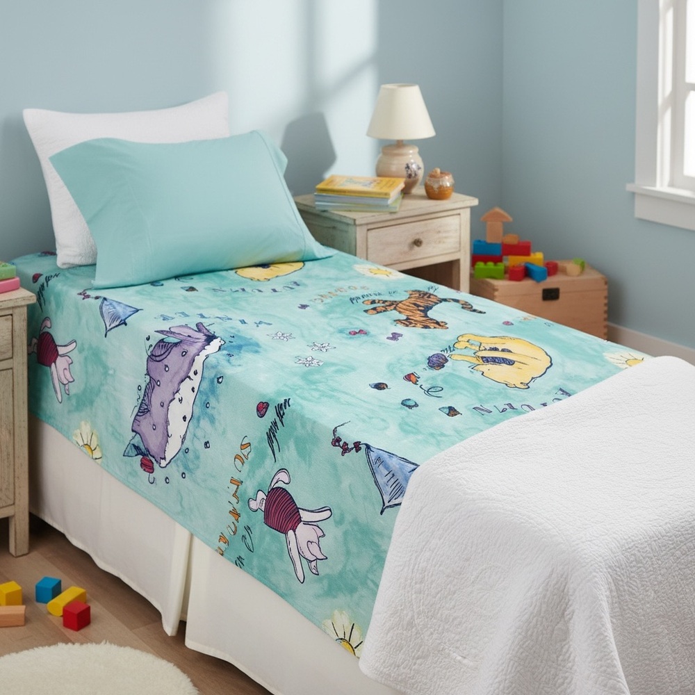 Vintage ‘97 Classic "4 Seasons" Winnie the Pooh Flat Sheet & Generic Pillow Case